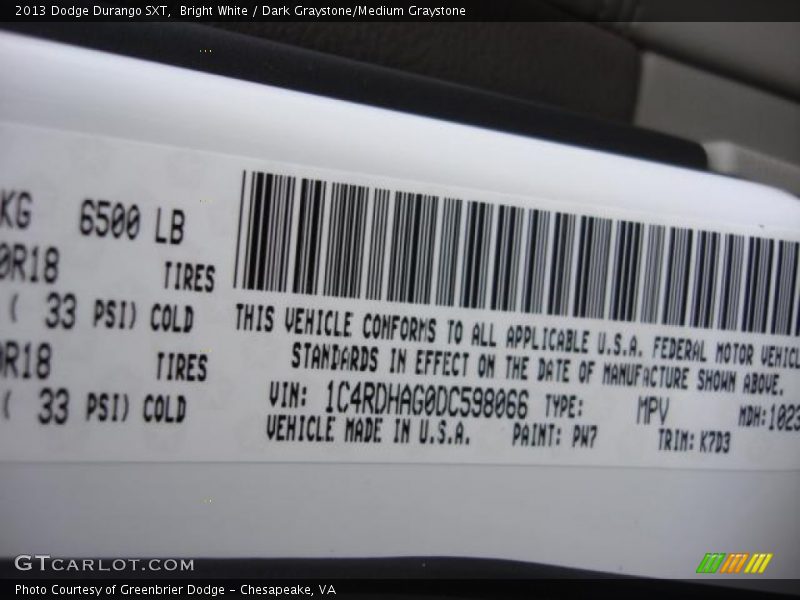 Bright White / Dark Graystone/Medium Graystone 2013 Dodge Durango SXT
