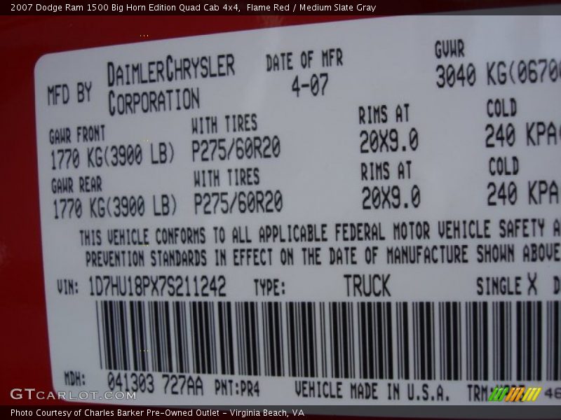 2007 Ram 1500 Big Horn Edition Quad Cab 4x4 Flame Red Color Code PR4