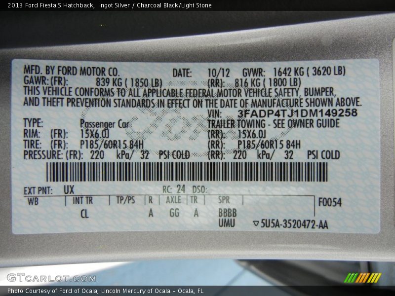 2013 Fiesta S Hatchback Ingot Silver Color Code UX