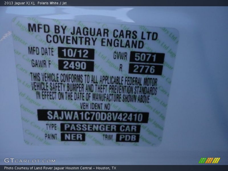 2013 XJ XJ Polaris White Color Code NER