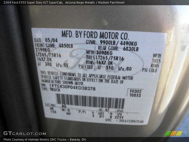 2004 F350 Super Duty XLT SuperCab Arizona Beige Metallic Color Code AQ