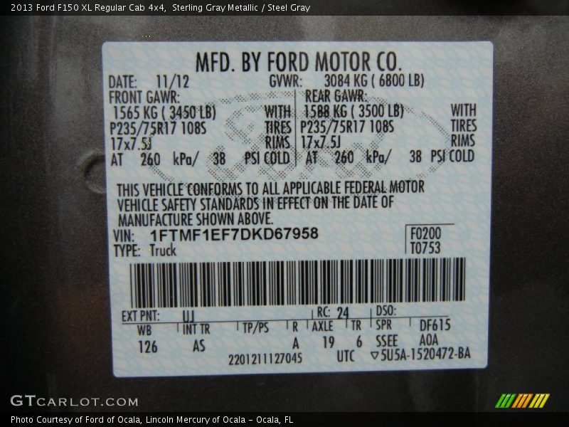 2013 F150 XL Regular Cab 4x4 Sterling Gray Metallic Color Code UJ