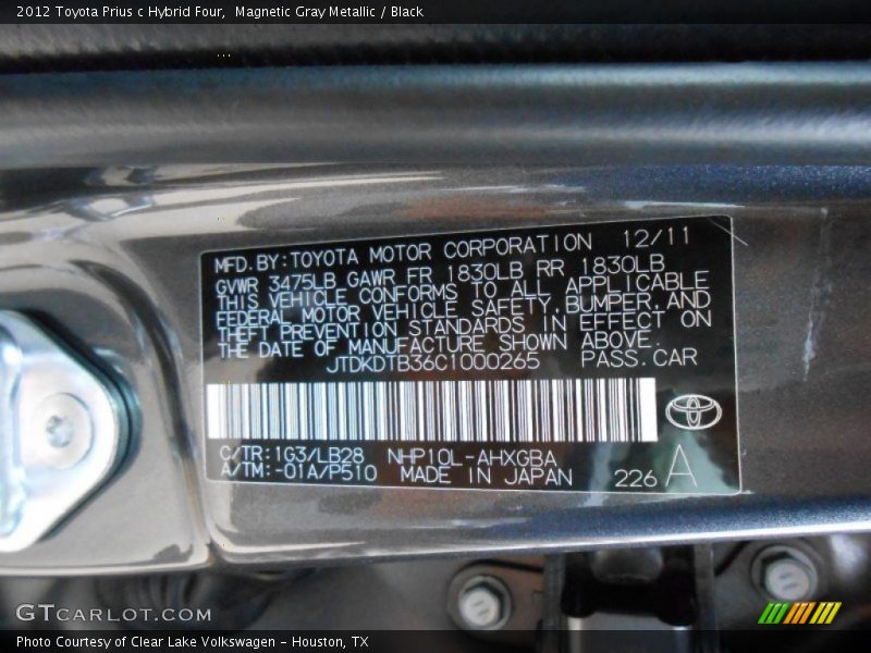 2012 Prius c Hybrid Four Magnetic Gray Metallic Color Code 1G3
