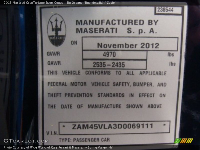 Blu Oceano (Blue Metallic) / Cuoio 2013 Maserati GranTurismo Sport Coupe