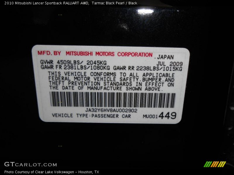 Tarmac Black Pearl / Black 2010 Mitsubishi Lancer Sportback RALLIART AWD