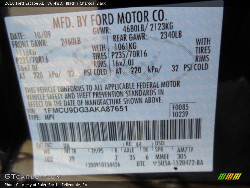 Black / Charcoal Black 2010 Ford Escape XLT V6 4WD