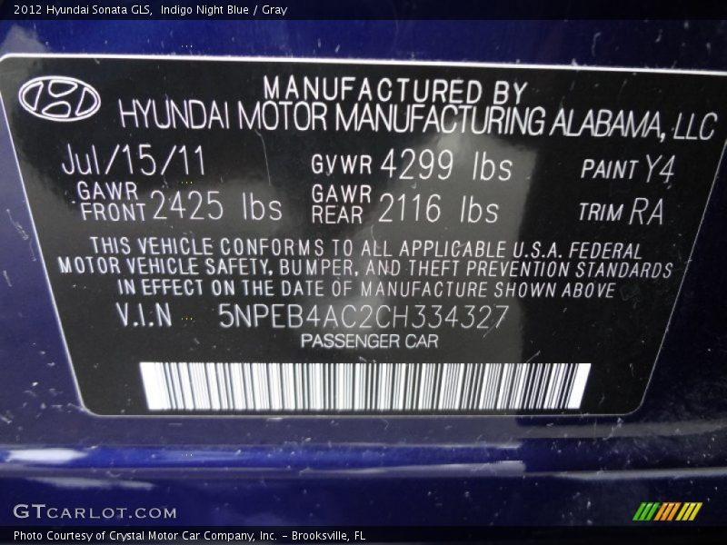 Indigo Night Blue / Gray 2012 Hyundai Sonata GLS