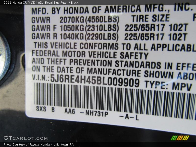 Royal Blue Pearl / Black 2011 Honda CR-V SE 4WD