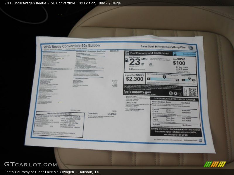  2013 Beetle 2.5L Convertible 50s Edition Window Sticker