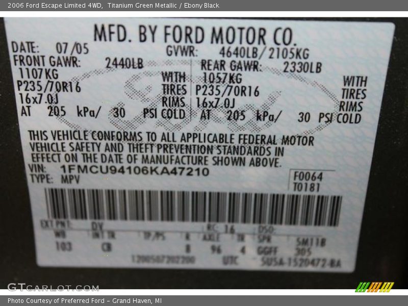 Titanium Green Metallic / Ebony Black 2006 Ford Escape Limited 4WD