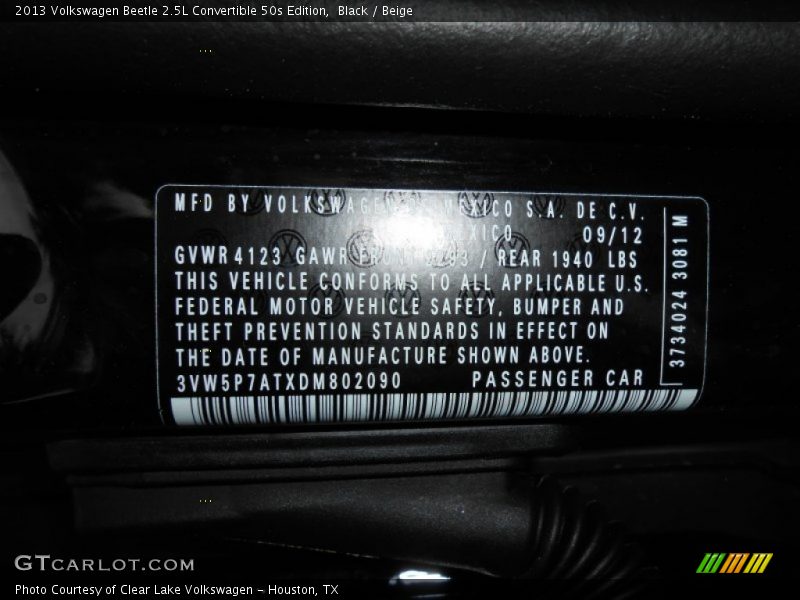 Black / Beige 2013 Volkswagen Beetle 2.5L Convertible 50s Edition