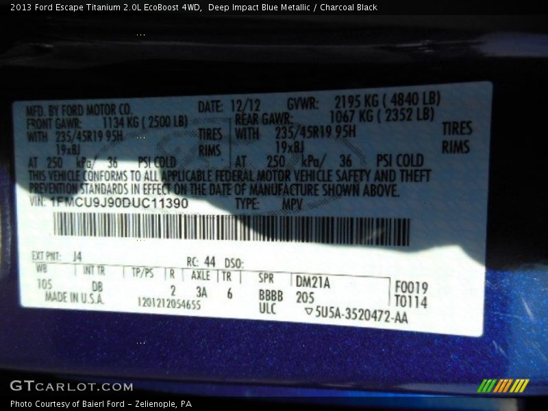 Deep Impact Blue Metallic / Charcoal Black 2013 Ford Escape Titanium 2.0L EcoBoost 4WD