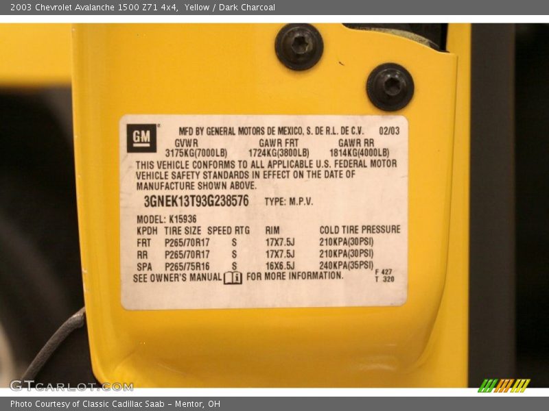 Yellow / Dark Charcoal 2003 Chevrolet Avalanche 1500 Z71 4x4