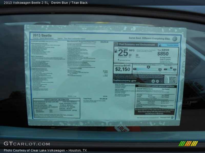  2013 Beetle 2.5L Window Sticker