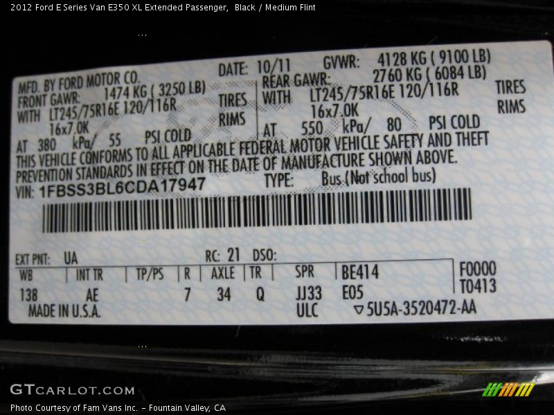 Black / Medium Flint 2012 Ford E Series Van E350 XL Extended Passenger