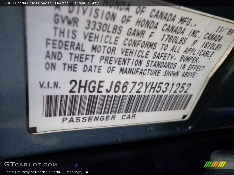 Electron Blue Pearl / Gray 2000 Honda Civic LX Sedan
