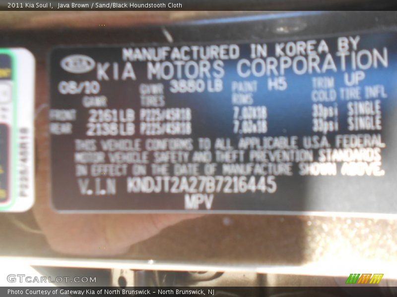 Java Brown / Sand/Black Houndstooth Cloth 2011 Kia Soul !