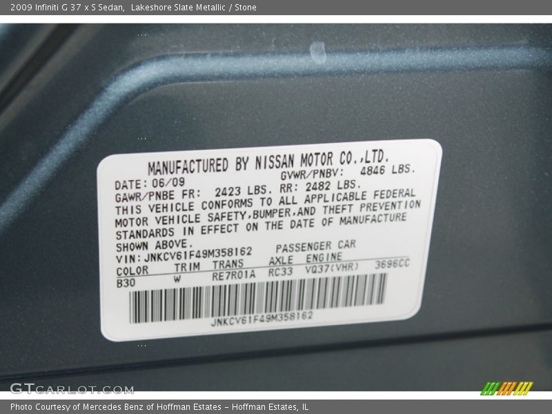 Lakeshore Slate Metallic / Stone 2009 Infiniti G 37 x S Sedan