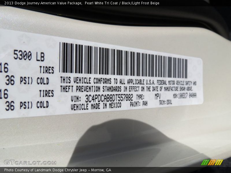 Pearl White Tri Coat / Black/Light Frost Beige 2013 Dodge Journey American Value Package