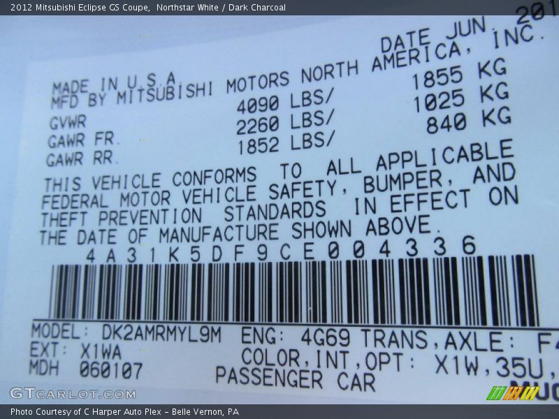 Northstar White / Dark Charcoal 2012 Mitsubishi Eclipse GS Coupe