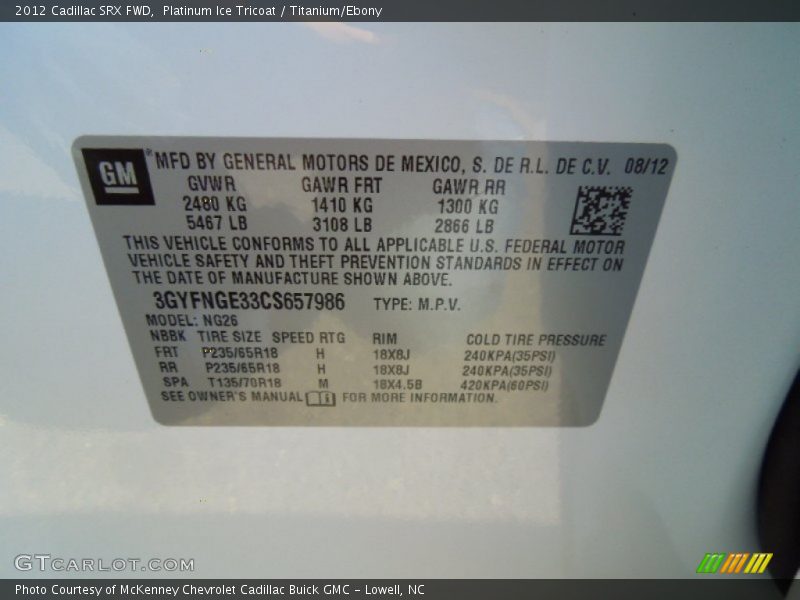 Platinum Ice Tricoat / Titanium/Ebony 2012 Cadillac SRX FWD