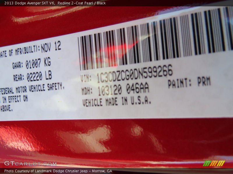 Redline 2-Coat Pearl / Black 2013 Dodge Avenger SXT V6