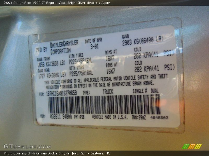 Bright Silver Metallic / Agate 2001 Dodge Ram 1500 ST Regular Cab