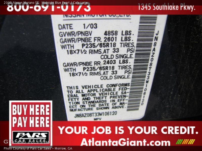Midnight Blue Pearl / Cafe Latte 2003 Nissan Murano SE