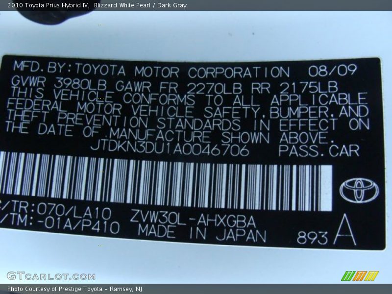 Blizzard White Pearl / Dark Gray 2010 Toyota Prius Hybrid IV