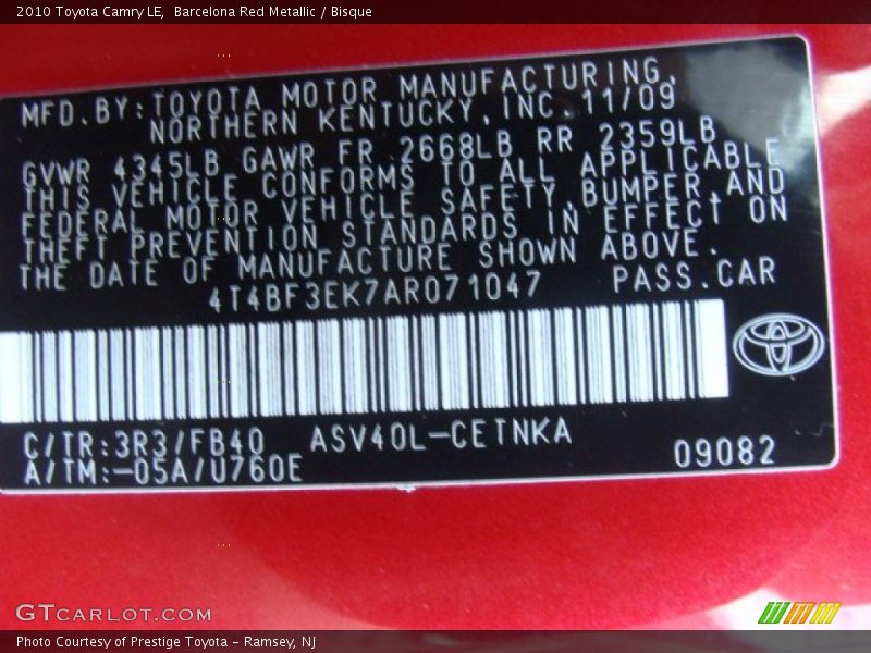 Barcelona Red Metallic / Bisque 2010 Toyota Camry LE