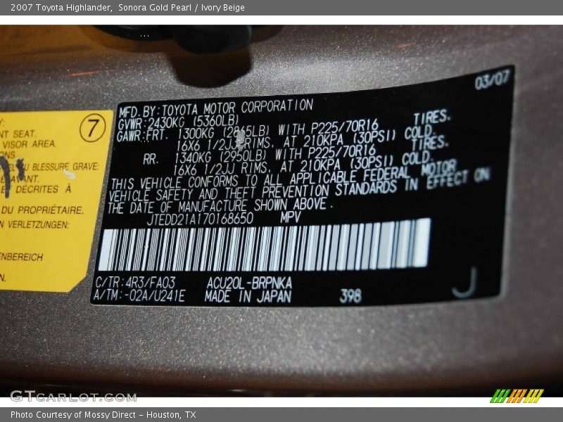 2007 Highlander  Sonora Gold Pearl Color Code 4R3