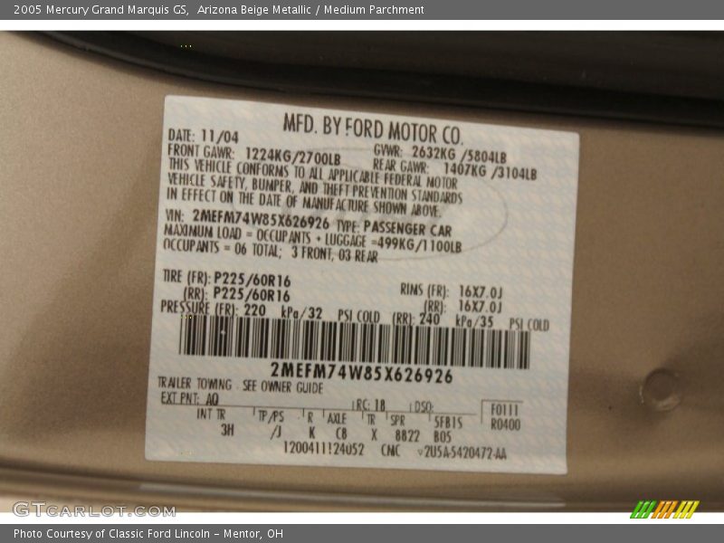 Arizona Beige Metallic / Medium Parchment 2005 Mercury Grand Marquis GS