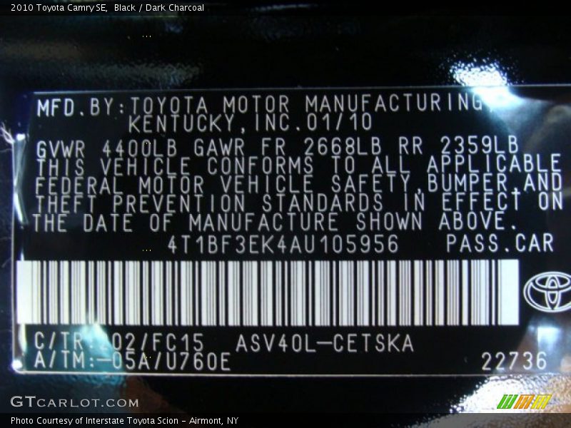 Black / Dark Charcoal 2010 Toyota Camry SE