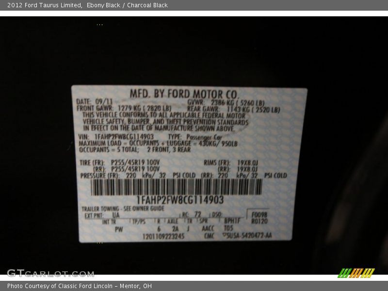 2012 Taurus Limited Ebony Black Color Code UA