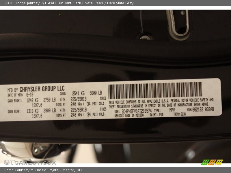 2010 Journey R/T AWD Brilliant Black Crystal Pearl Color Code PXR