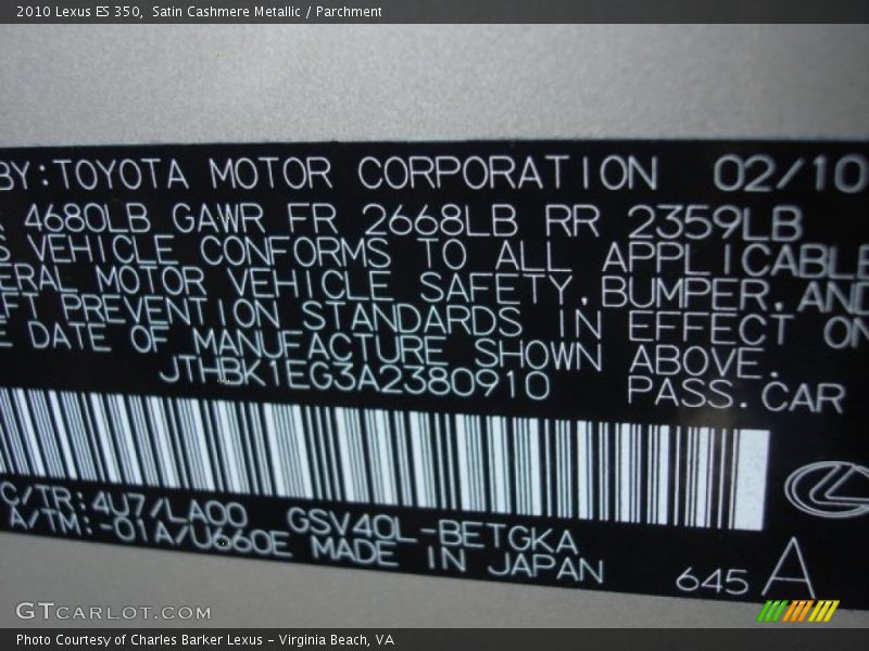 Satin Cashmere Metallic / Parchment 2010 Lexus ES 350