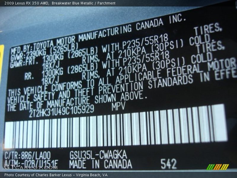 Breakwater Blue Metallic / Parchment 2009 Lexus RX 350 AWD