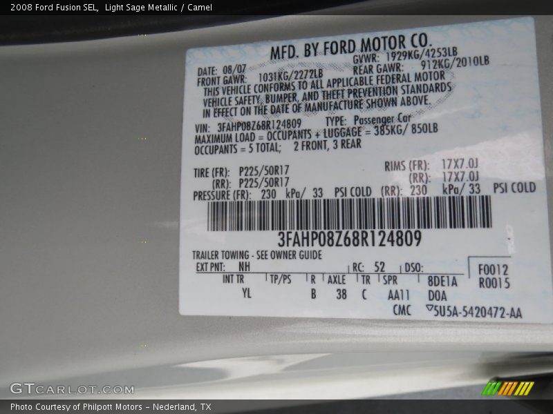 Light Sage Metallic / Camel 2008 Ford Fusion SEL