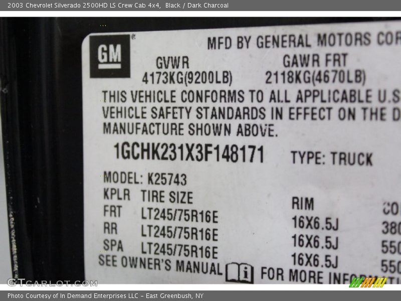 Black / Dark Charcoal 2003 Chevrolet Silverado 2500HD LS Crew Cab 4x4