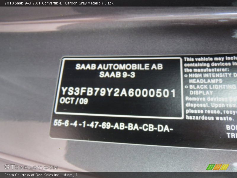 Carbon Gray Metallic / Black 2010 Saab 9-3 2.0T Convertible