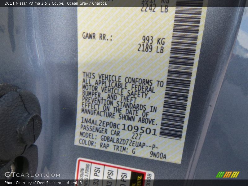 Ocean Gray / Charcoal 2011 Nissan Altima 2.5 S Coupe
