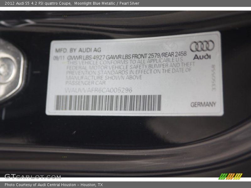 Moonlight Blue Metallic / Pearl Silver 2012 Audi S5 4.2 FSI quattro Coupe