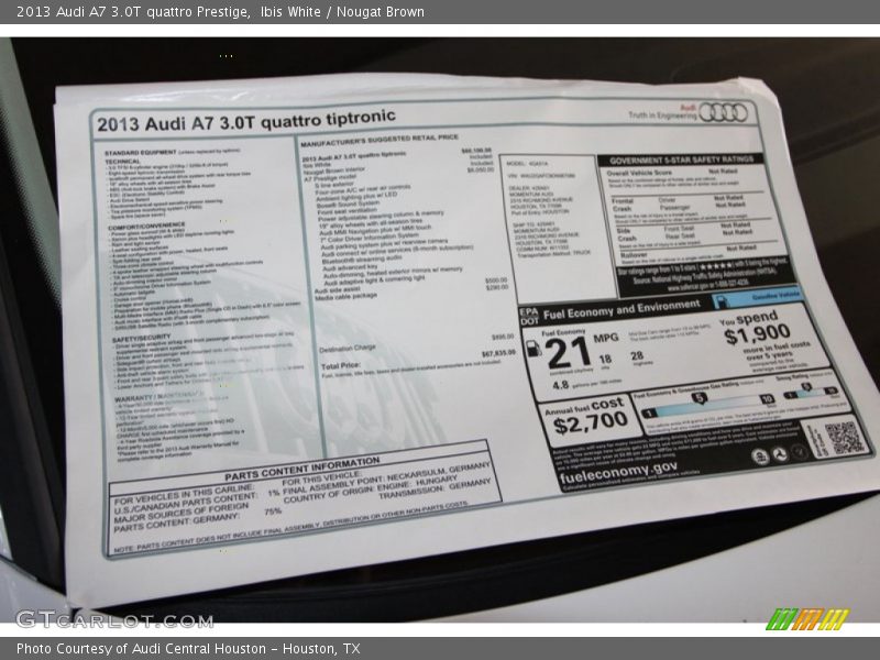 Ibis White / Nougat Brown 2013 Audi A7 3.0T quattro Prestige