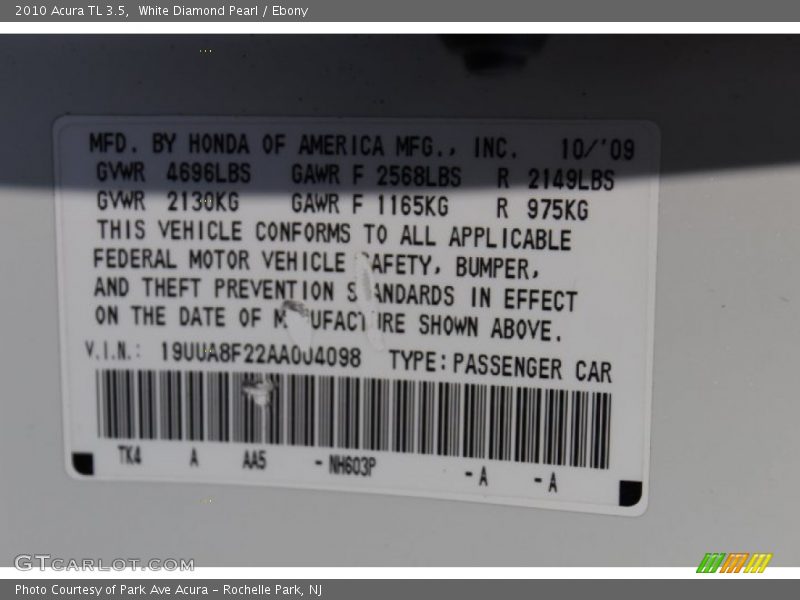 White Diamond Pearl / Ebony 2010 Acura TL 3.5