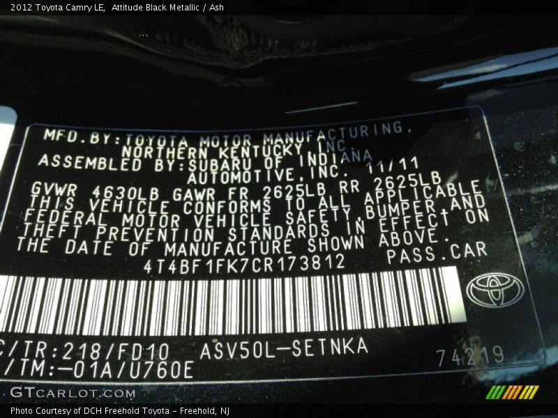 Attitude Black Metallic / Ash 2012 Toyota Camry LE