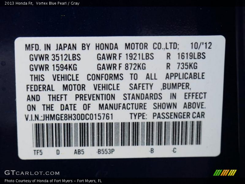 2013 Fit  Vortex Blue Pearl Color Code B553P