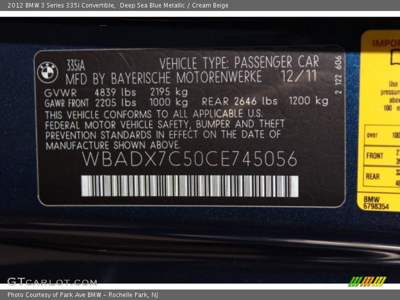 Deep Sea Blue Metallic / Cream Beige 2012 BMW 3 Series 335i Convertible