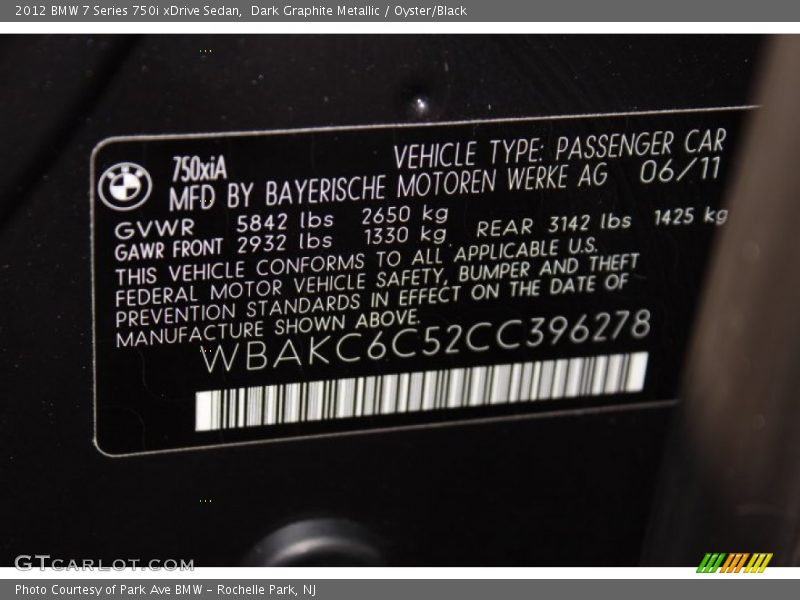 Dark Graphite Metallic / Oyster/Black 2012 BMW 7 Series 750i xDrive Sedan