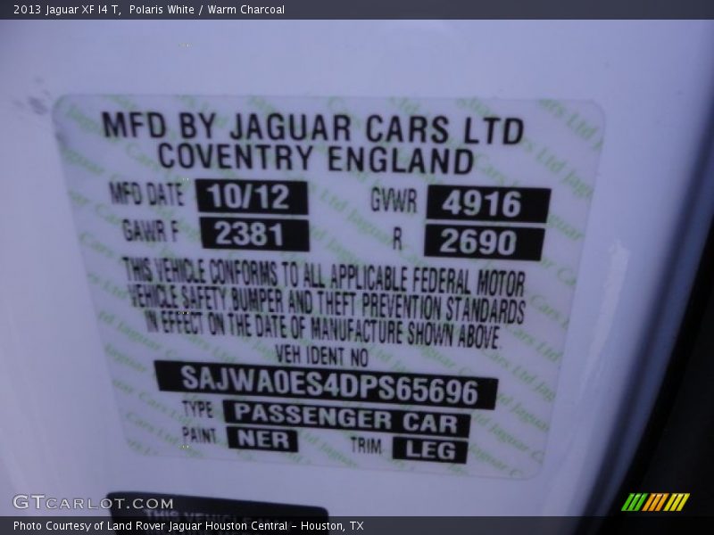 2013 XF I4 T Polaris White Color Code NER