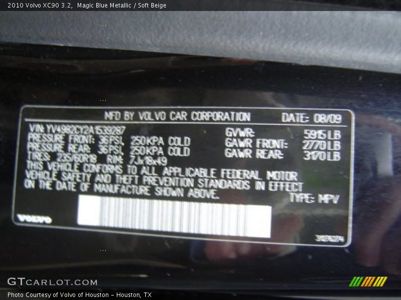 Magic Blue Metallic / Soft Beige 2010 Volvo XC90 3.2